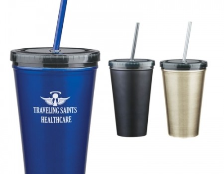 16 oz Stainless Steel Double Wall Tumbler With Straw